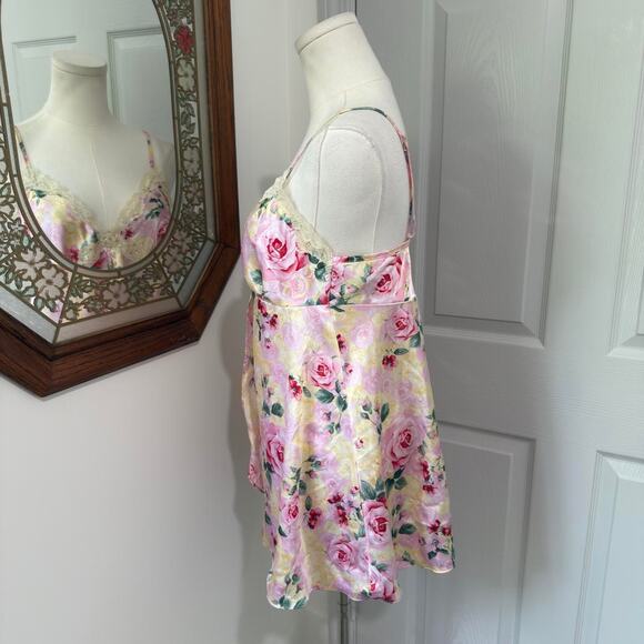Secret Treasures Pink & Yellow Floral Satin Ivory Lace Sequin Open Front Slip M - Picture 3 of 8
